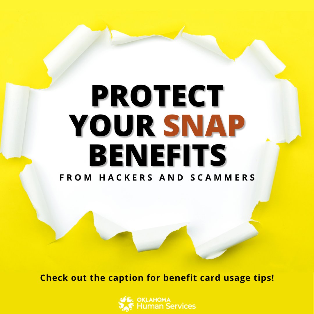 OKDHS's tweet image. 🚨 Protect your SNAP benefits from scammers! 🚨
Safeguard your benefit card like a debit card.
Here's some tips to help:
Ignore unknown calls/texts
Don’t click strange links
Set a strong PIN
Check card readers
Cover your PIN at checkout