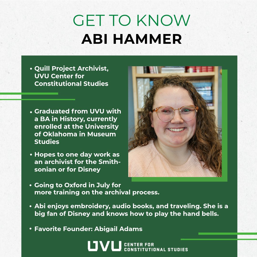 CCSUVU's tweet image. On this #whoswho Wednesday, get to know 𝗔𝗯𝗶 𝗛𝗮𝗺𝗺𝗲𝗿. She is a @quill1787 archivist @CCSUVU and graduated from @UVU with a BA in History. She hopes to one day work as an archivist for @smithsonian or for @Disney. Abi will be going to @PembrokeOxford in July for
more…