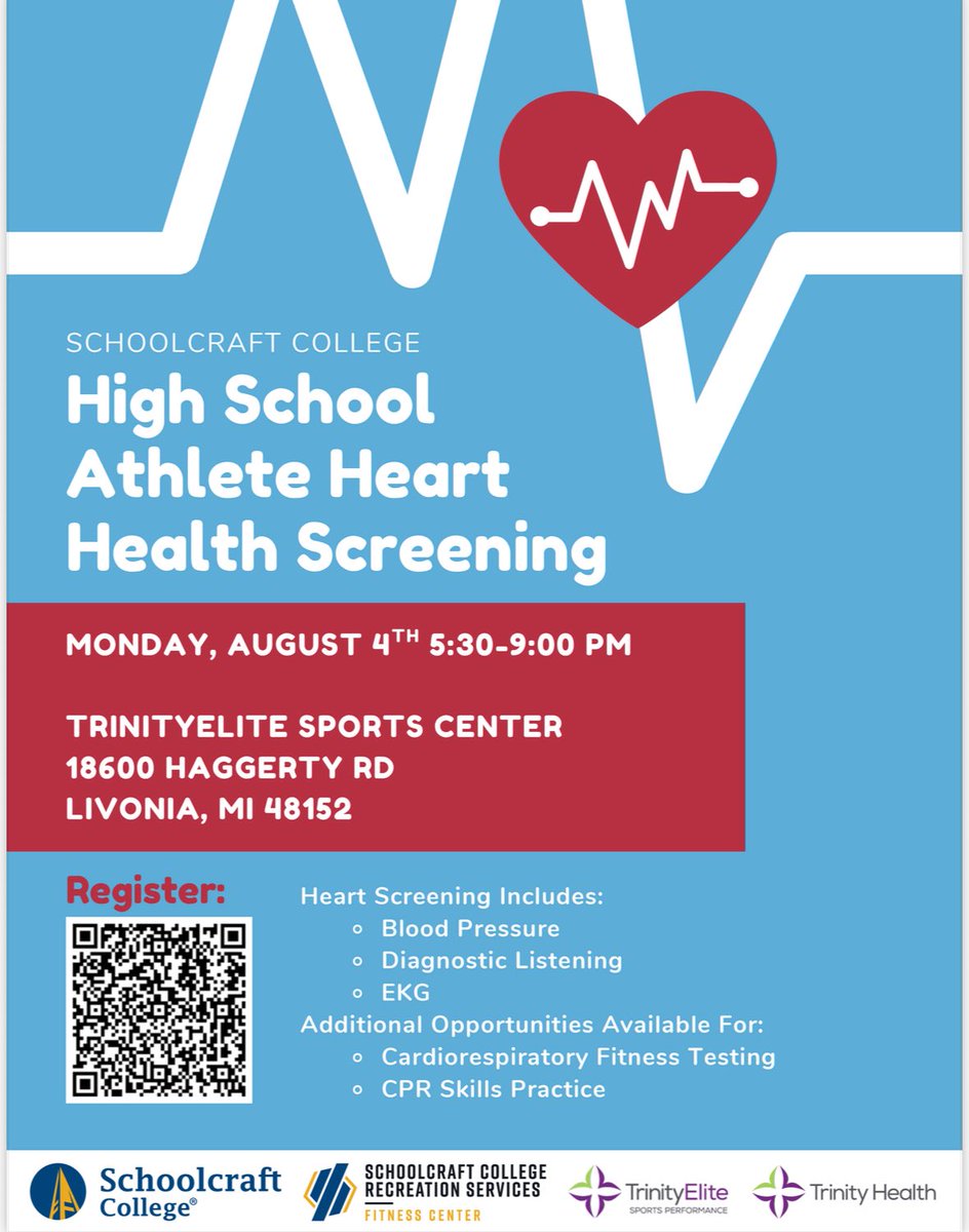 We’re partnering with the Schoolcraft Fitness Center, Trinity Health and TrinityElite Sports Performance in spreading the word for the upcoming High School Athlete Heart Screening!

Scan the QR code below or follow this link to register: form.jotform.com/scfitnesscente…

Only 150 spots!