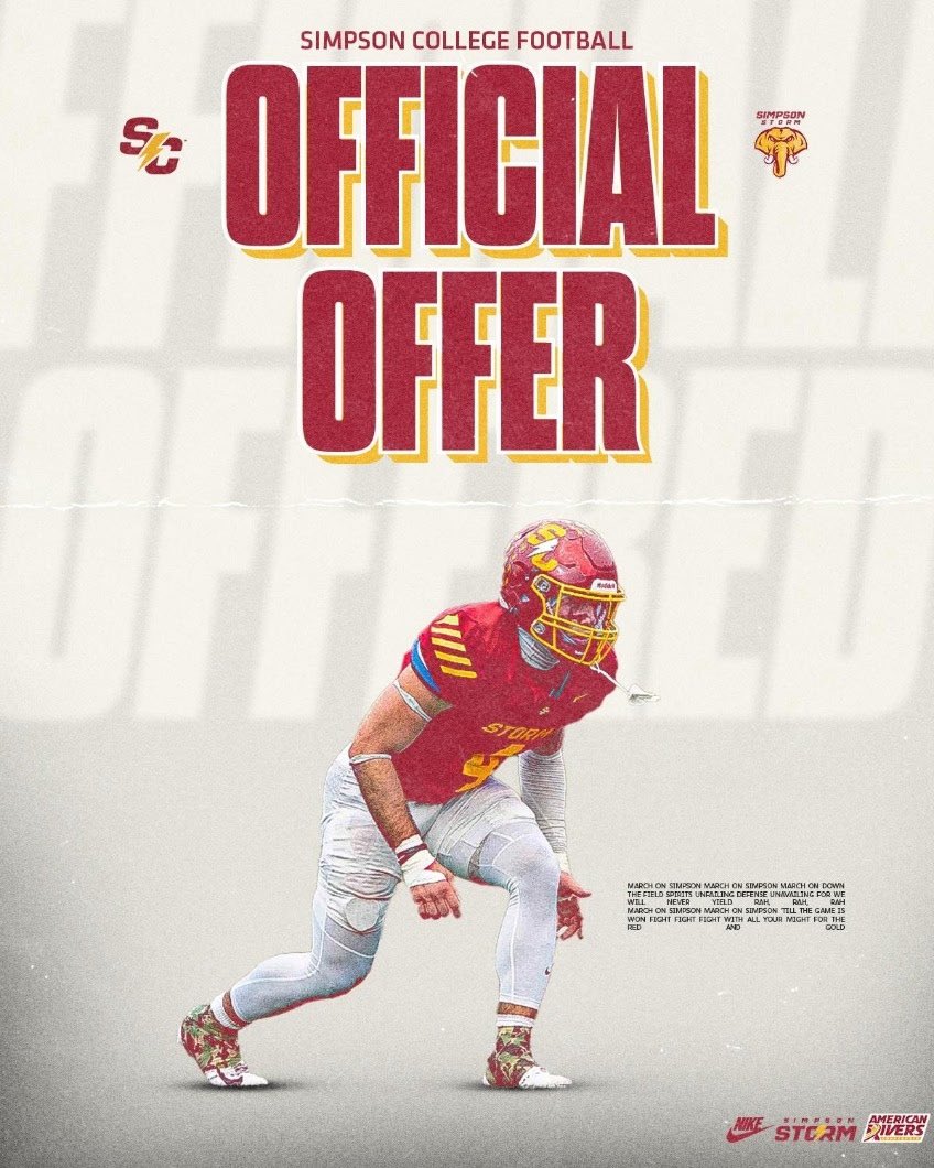 After a great talk with <a href="/ReedHoskins/">Reed Hoskins</a> I am very excited to announce that I have received an offer from Simpson! <a href="/scstormfootball/">Simpson Football ⚡️</a> <a href="/CoachARoberts/">Anfernee Roberts</a>