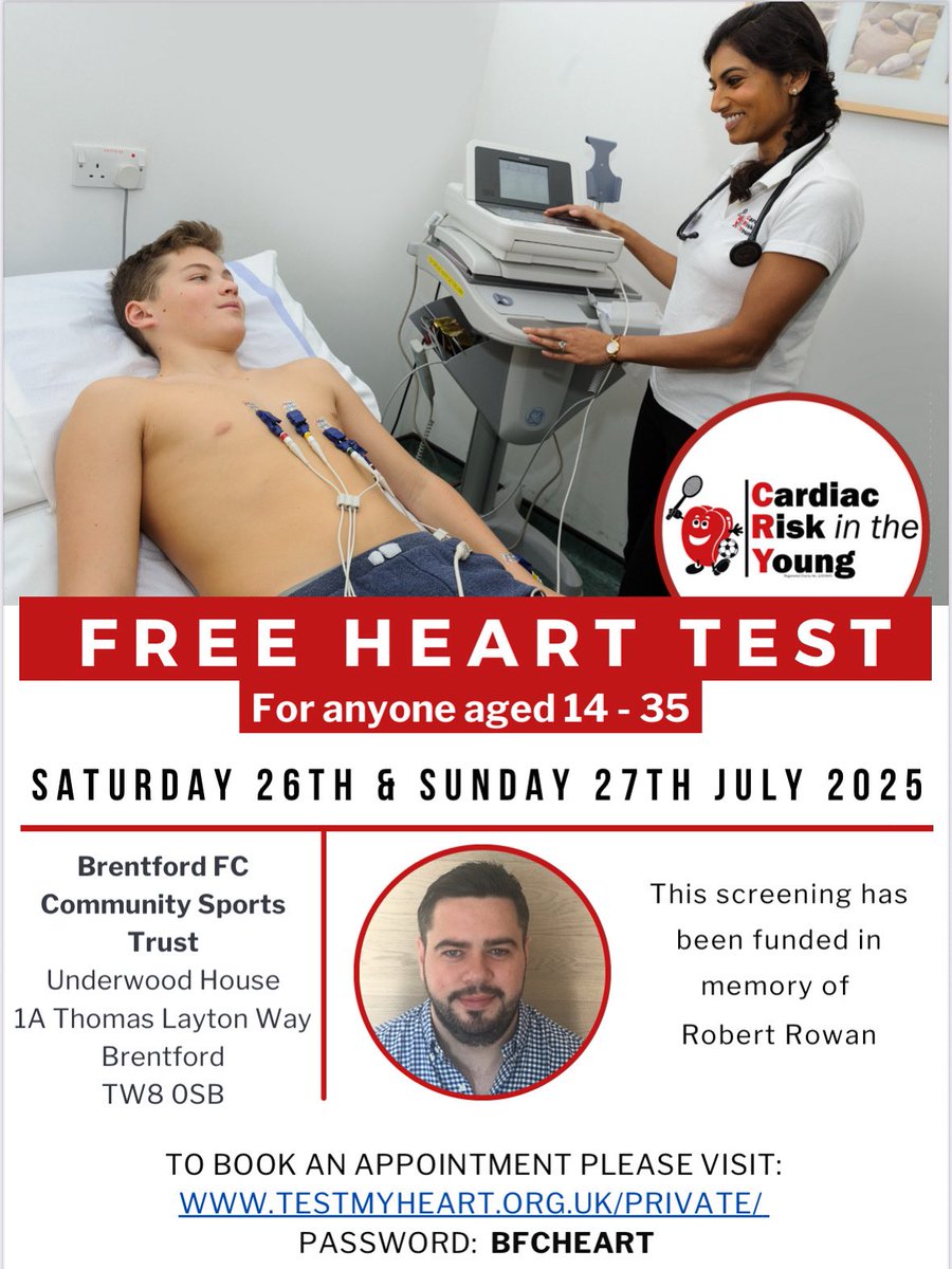 Our next screening with <a href="/CRY_UK/">CRY</a> is 26-27th July at the <a href="/BrentfordFCCST/">Brentford FC CST</a> community hub as part of our Heart of West London initiative ❤️ 🐝 

testmyheart.org.uk/private/