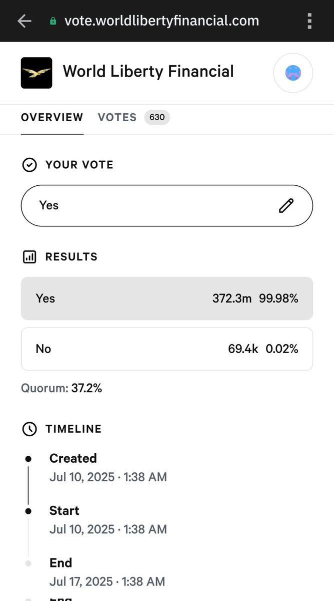 Voting is now live to make #WLFI tradable. Voting will conclude in a week. Another genius move by <a href="/worldlibertyfi/">WLFI</a> team. 💪 🚀