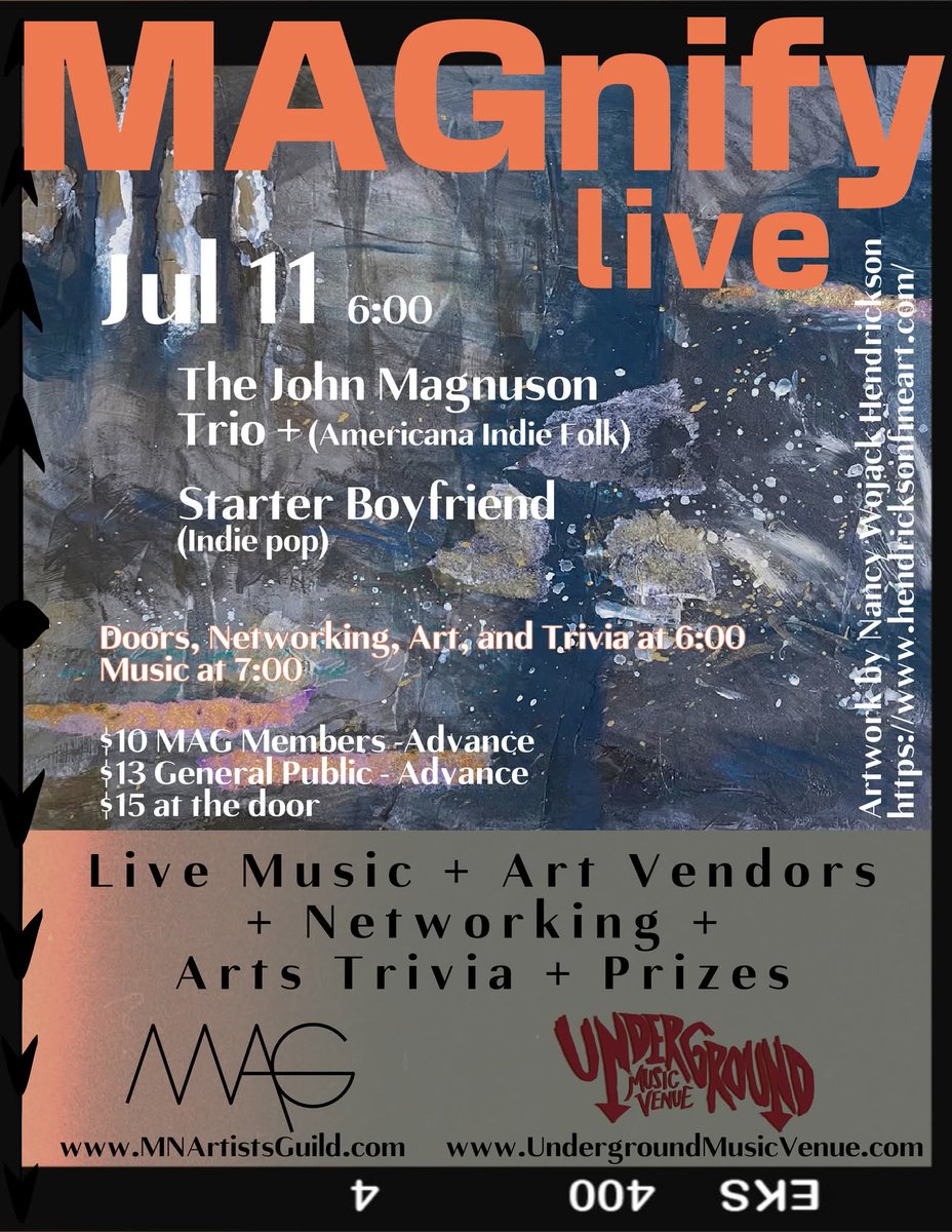 Friday evening! MAGnify Live at Underground Music Cafe! 

6:00 - Doors 
7:00 - Starter Boyfriend 
8:00 - John Magnuson Trio+

undergroundmusicvenue.com/events 
mnartistsguild.com/events