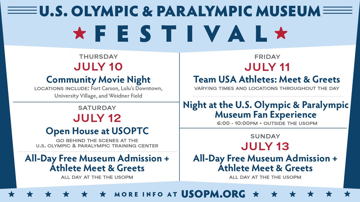 XTRA Sports 1300 (@xtrasports1300) on Twitter photo The <a href="/USOPMuseum/">U.S. Olympic & Paralympic Museum</a> Festival returns July 10-13 with FREE admission all weekend long!
Take part in Athlete Meet-and-greets, unforgettable fan experiences, and more!
Plan you visit at usopm.org The <a href="/USOPMuseum/">U.S. Olympic & Paralympic Museum</a> Festival returns July 10-13 with FREE admission all weekend long!
Take part in Athlete Meet-and-greets, unforgettable fan experiences, and more!
Plan you visit at usopm.org