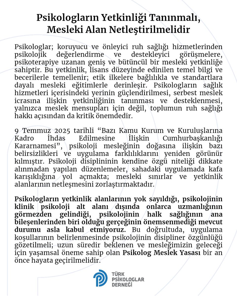 Psikologların Yetkinliği Tanınmalı, Mesleki Alan Netleştirilmelidir

Psikologlar; koruyucu ve önleyici ruh sağlığı hizmetlerinden psikolojik değerlendirme ve destekleyici görüşmelere, psikoterapiye uzanan geniş ve bütüncül bir mesleki yetkinliğe sahiptir. Bu yetkinlik, lisans