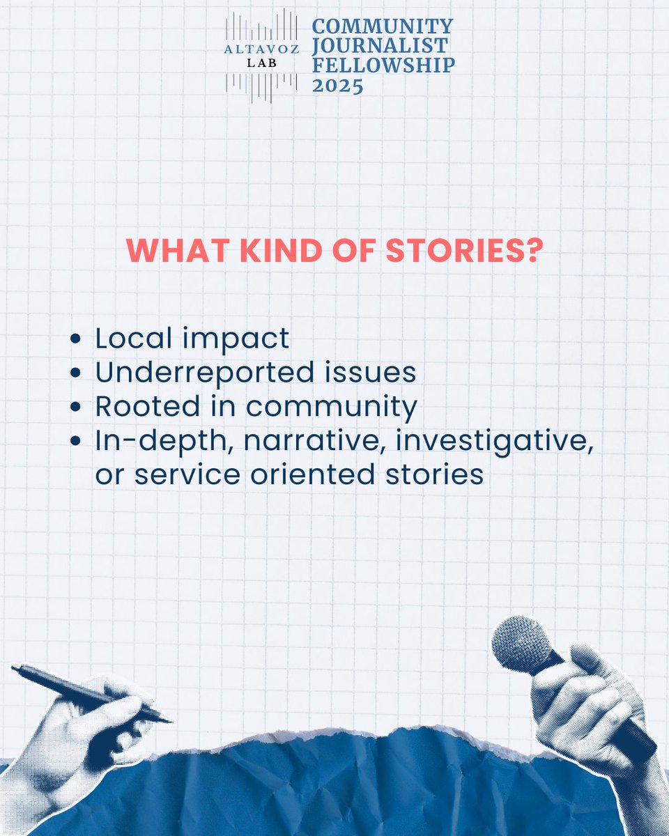 Altavoz_Lab's tweet image. This fellowship exists for YOU.
We built it for journalists who are:
🗣️ Rooted in their communities
📰 Telling overlooked stories
🌎 Working in English or Spanish in the U.S. or Puerto Rico
⏳ Deadline: July 18
🔗 Apply now: altavozlab.com/community-jour…
#FellowshipOpportunity