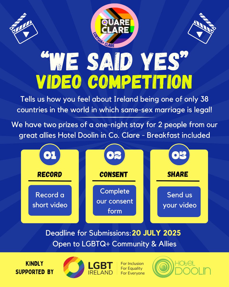 Competition Time! 🎉 

Grab your phone and send Quare Clare a video sharing how it feels to live in one of 38 countries where same-sex marriage is legal. 📽

Winners will receive a one-night stay for two at Hotel Doolin Ireland! ❤ 

 More info below 👇
 forms.gle/KTtvML74CBpmwN…