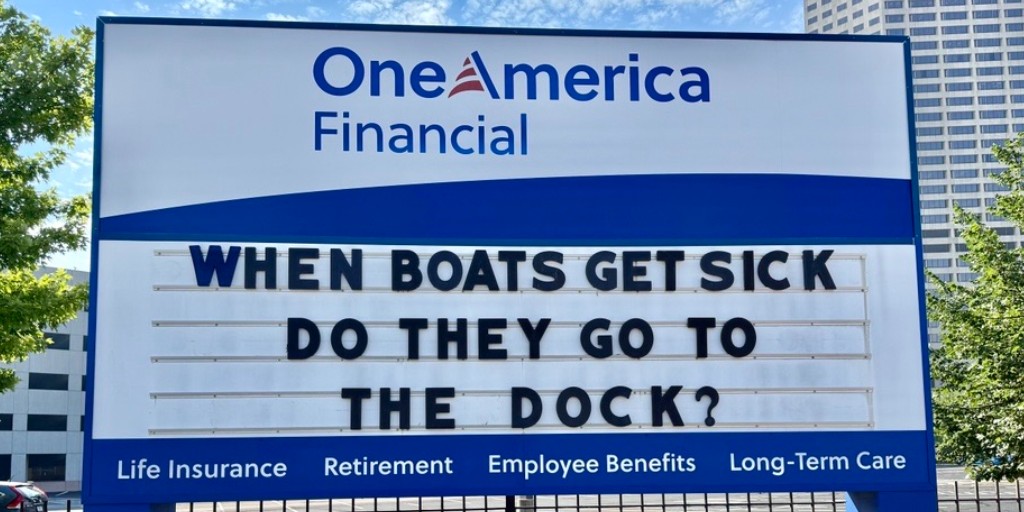 OneAmerica's tweet image. Don't worry. The boat should feel better schooner or later. ⛵️
#BoatJokes #DockJokes #Indianapolis #OneAmericaSign