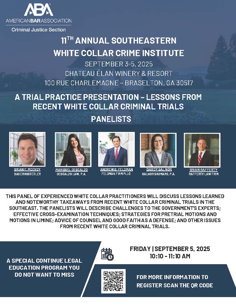 "Lessons from Recent White Collar Crime Trials" -- a panel of the upcoming Southeastern White Collar Crime Institute, Sept. 3-5.

events.americanbar.org/event/5E59FDBF…