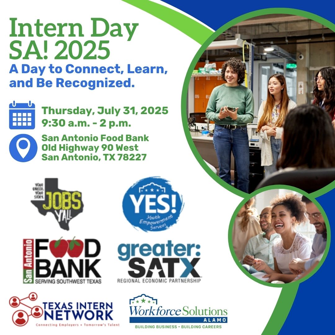 Connect with fellow interns &amp; participate in engaging workshops at Intern Day SA! 2025.

📅 7/31/25, 9:30am - 2pm
📍San Antonio Food Bank
5200 Historic Old Hwy 90

Register: eventbrite.com/e/intern-day-s…

#WorkforceSolutionsAlamo #InternDay