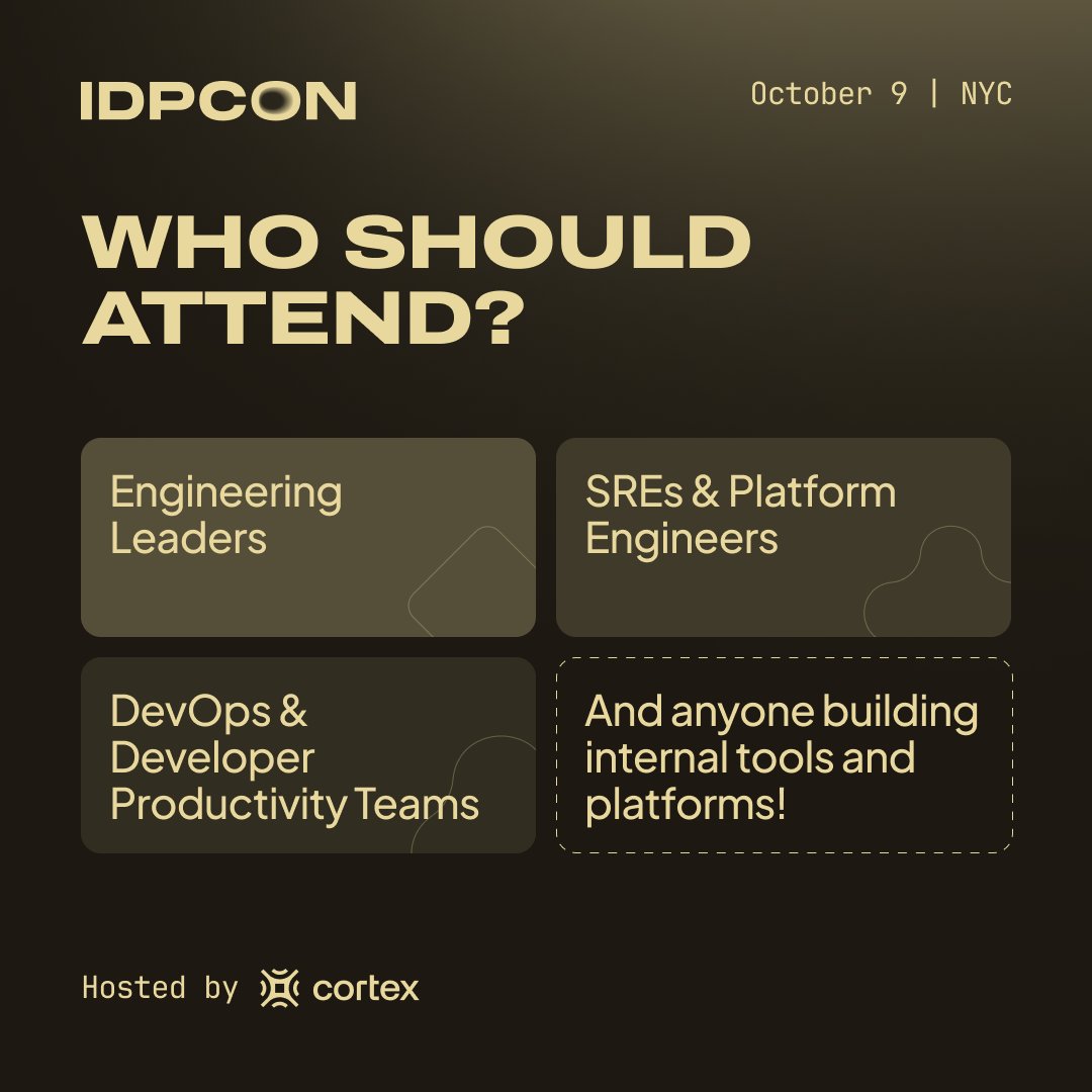 GetCortexApp's tweet image. So… what’s IDPCON?

The Met Gala for platform engineers (minus the gowns, plus golden paths).

🧰 Real tools
🧠 Talks from Canva, BofA, NBCU + more
💬 DevEx meets product

📍 NYC | Oct 9
🎟️ $199 tix → idpcon.com