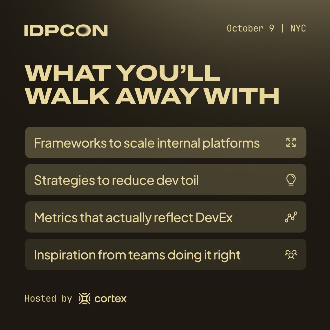 GetCortexApp's tweet image. So… what’s IDPCON?

The Met Gala for platform engineers (minus the gowns, plus golden paths).

🧰 Real tools
🧠 Talks from Canva, BofA, NBCU + more
💬 DevEx meets product

📍 NYC | Oct 9
🎟️ $199 tix → idpcon.com