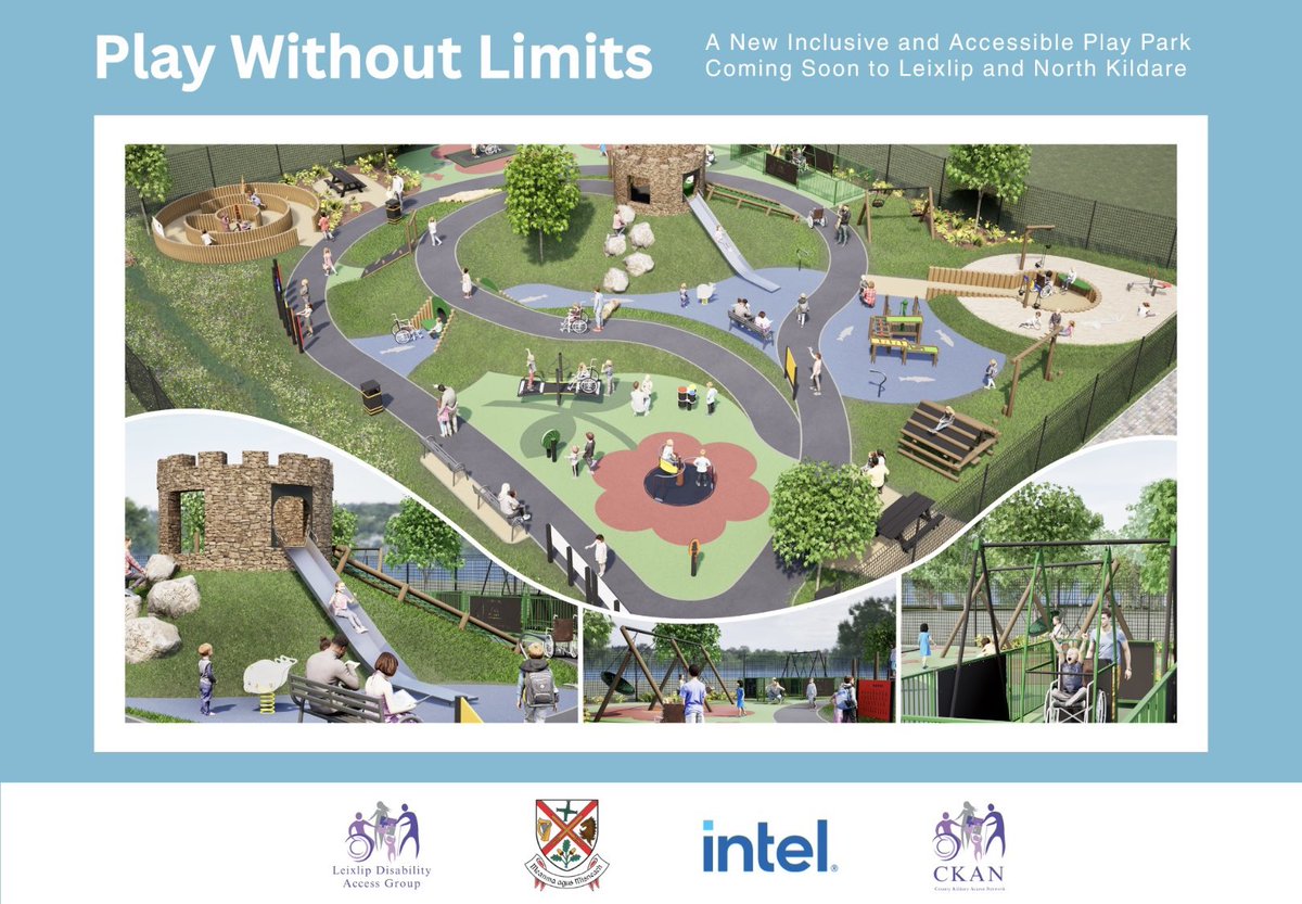 access_maynooth's tweet image. We’ve officially broken ground on a new inclusive play park at the Leixlip Amenities Centre. Huge thanks to Íde Cussen and Cllr. Bernard Caldwell from Leixlip Access Group, CKAN.ie and KCC Parks Department for making this happen with generous support from Intel