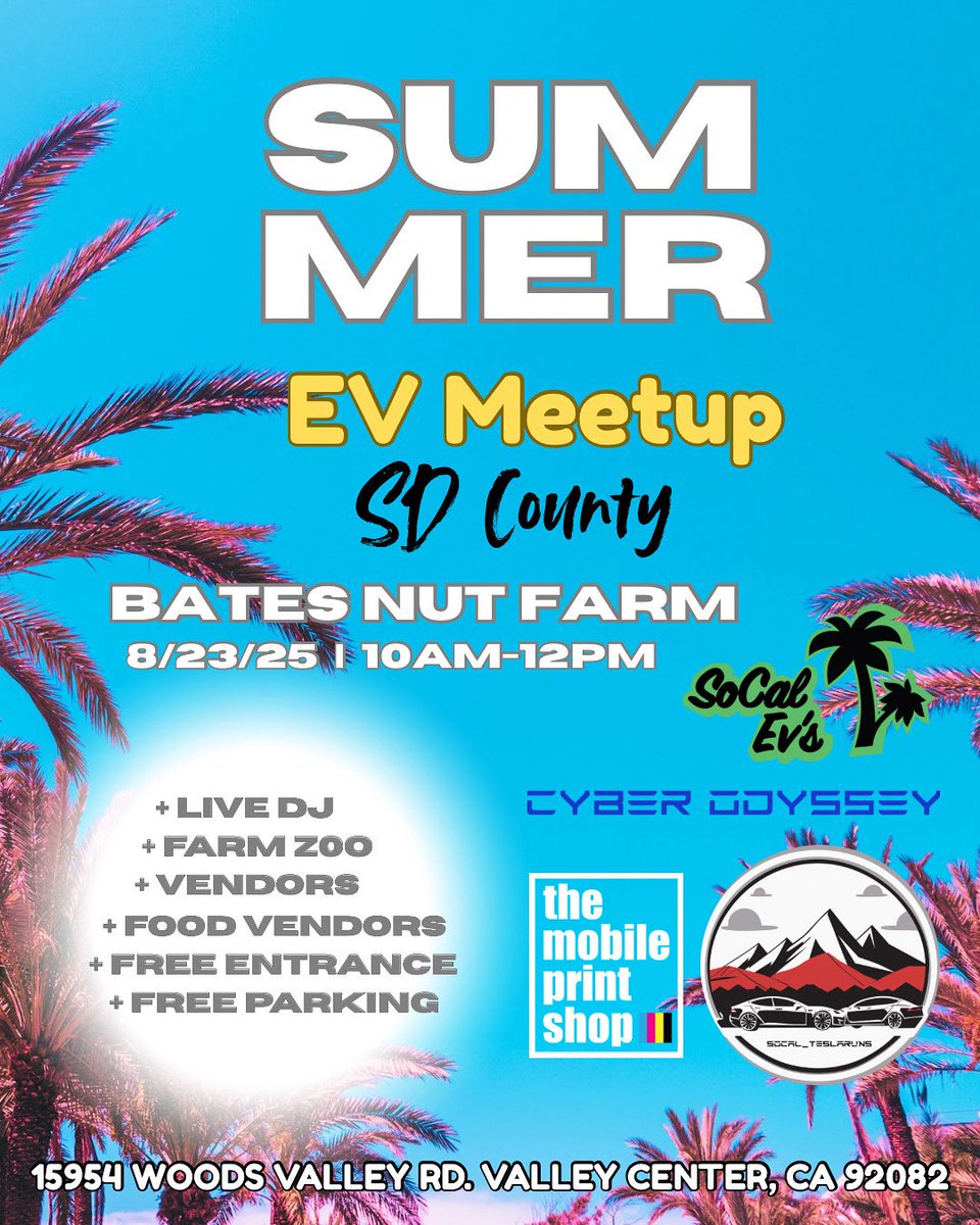 TeslaClubSoCal's tweet image. EV MEETUP 8/23/25 - SD County!
Join us for a day of fun in the sun at @BatesNutFarm! Get ready to shop, eat, and enjoy the best of Southern California Vibes. The market features local vendors showcasing unique products, delicious food, and great music to keep you grooving all…
