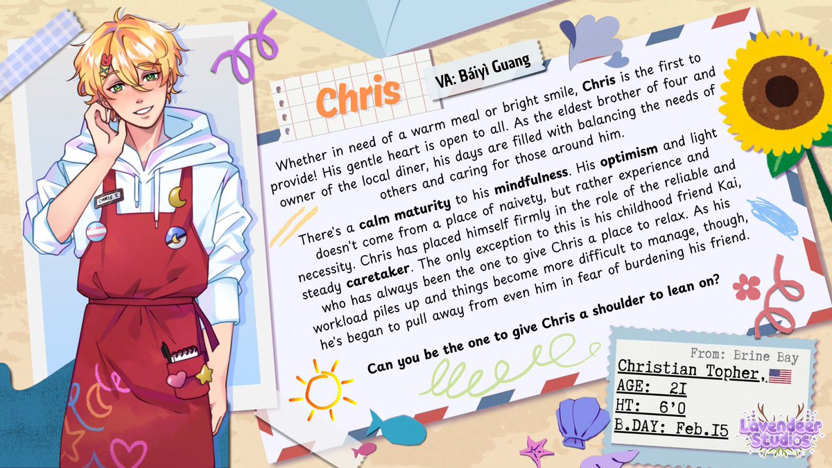 LavendeerStudio's tweet image. 🌻 Character Introduction 🥐
Meet Brine Bay’s reliable waiter — Chris Topher! Whether you’re in need of a warm cup of coffee or a warm smile, he’ll always be glad to help!
#visualnovel #vndev #ToYBTB #otome #amare