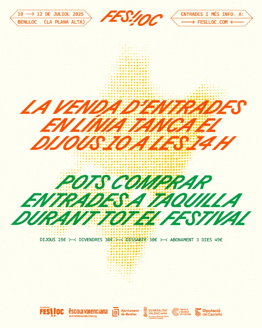 Encara no tens la teua entrada? Pots aconseguir-la en línia fins demà dijous a ales 14h. 

Després, a les taquilles del #Feslloc

Feslloc: música, llengua i país
 10-12 de juliol
 feslloc.com
 Acampada inclosa
