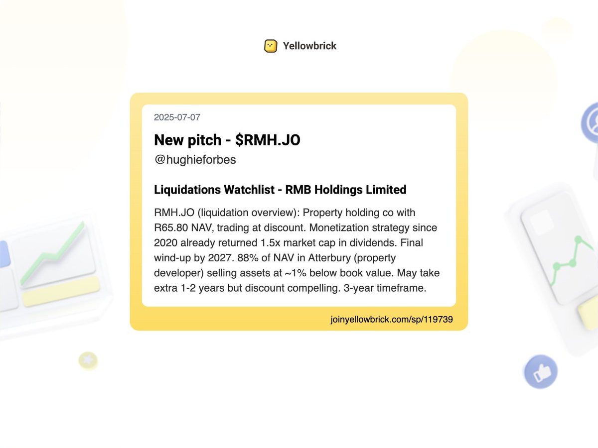 Yellowbrick Investing (@joinyellowbrick) on Twitter photo Added 57 new stock write-ups to the site (pt 1):
<a href="/komodo_capital/">Komodo Cap</a> - $DAVE
<a href="/Uzocapital/">Uzo</a> - $XPOF
<a href="/hughieforbes/">Liquidation Stocks</a> (liquidation overviews) - $EPE.JO, $BPT, $SCPT-A.V, $CHN, $BAT.JO, $NXS.AX, $RMH.JO, $NBDX.L, $KCR.L, $FJV.L
<a href="/topsecretstocks/">TopSecretStocks 🤫</a> - $GRAB (deep dive)
<a href="/Aksel465/">SpruceHill Capital</a> - $ANGL.ST Added 57 new stock write-ups to the site (pt 1):
<a href="/komodo_capital/">Komodo Cap</a> - $DAVE
<a href="/Uzocapital/">Uzo</a> - $XPOF
<a href="/hughieforbes/">Liquidation Stocks</a> (liquidation overviews) - $EPE.JO, $BPT, $SCPT-A.V, $CHN, $BAT.JO, $NXS.AX, $RMH.JO, $NBDX.L, $KCR.L, $FJV.L
<a href="/topsecretstocks/">TopSecretStocks 🤫</a> - $GRAB (deep dive)
<a href="/Aksel465/">SpruceHill Capital</a> - $ANGL.ST