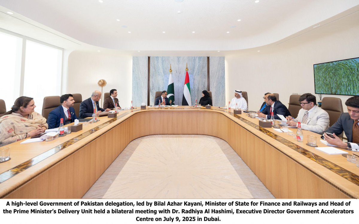 PakinUAE_'s tweet photo. PAKISTAN EMBASSY
ABU DHABI
***
Press Release
Pakistan Delegation Led by Bilal Azhar Kayani Engages in High-Level Interactions in the UAE
A high-level Government of Pakistan delegation, led by H.E. Bilal Azhar Kayani, Minister of State for Finance and Railways and Head of the Prime Minister’s Delivery Unit, is undertaking an official visit to the United Arab Emirates (UAE). The visit is being held under the framework of the UAE Government’s Experience Exchange Programme (EEP) and aligns with the Government of Pakistan’s broader agenda to accelerate institutional reforms, enhance service delivery, and modernize public sector governance.
H.E. Abdulla Nasser Lootah, Deputy Minister of Cabinet Affairs for Competitiveness and Experience Exchange warmly welcomed the delegation and is coordinating the overall visit. In his remarks, he reaffirmed the UAE Government’s continued commitment to supporting Pakistan in its reform and development journey. H.E. Lootah highlighted Pakistan’s vast potential across various sectors and emphasized that enhanced bilateral cooperation would yield tangible and meaningful outcomes for both nations.
Mr. Bilal Azhar Kayani expressed gratitude to the UAE Government for facilitating meaningful knowledge exchange, particularly in the areas of digital governance and tax system modernization. He noted that the visit presents a valuable opportunity to learn from the UAE’s globally recognized governance, innovation, and public sector delivery models. Mr. Kayani also reiterated Prime Minister Muhammad Shehbaz Sharif’s reform priorities, including digitization, e-commerce, and macroeconomic stability.
The Pakistani delegation engaged in focused sessions with key UAE officials and including H.E. Maryam Al Hammadi, Minister of State and Secretary General of the UAE Cabinet, who briefed the delegation on Government Policies and Legislation. H.E. Hanan Ahli, Director of the Federal Competitiveness and Statistics Centre, who spoke about the UAE’s and global competitiveness indicators. Dr. Radhiya Al Hashimi, Executive Director of the Government Accelerators Centre, introduced the Government Accelerators model. Mr. Haitham Al Rais, Deputy Chief of Strategy at the Prime Minister’s Office, presented strategies for a sustainable future.
Highlighting the importance of institutional learning, Mr. Kayani emphasized the need to adopt international best practices in digital governance, efficiency, and competitiveness to improve public sector performance in line with the vision of Prime Minister Shehbaz Sharif.
This high-level engagement builds upon the Memorandum of Understanding (MoU) signed on 16 June 2025 between the UAE Ministry of Cabinet Affairs and Pakistan’s Ministry of Planning, Development, and Special Initiatives, reinforcing both nations’ shared commitment to institutional excellence and collaborative governance.
Dubai July 9, 2025. 

1/3