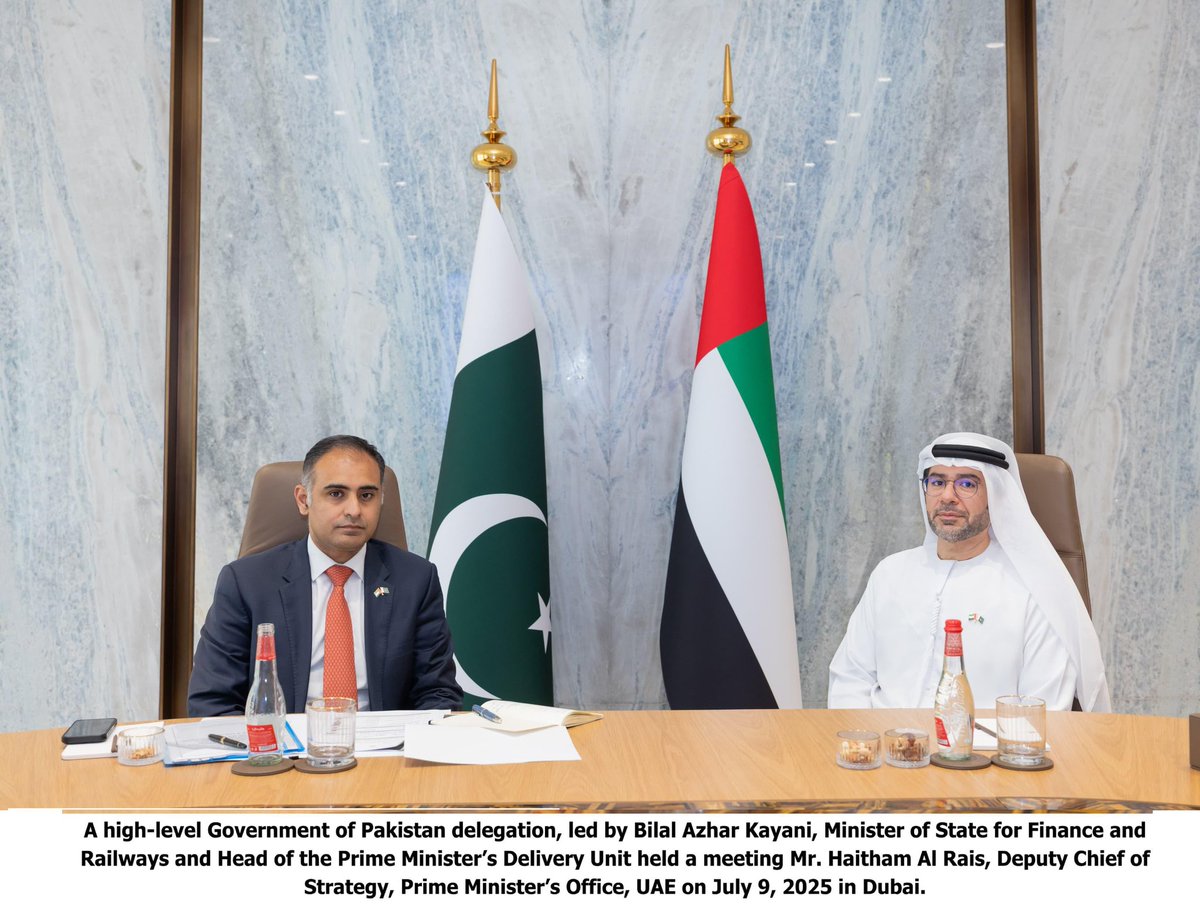PakinUAE_'s tweet photo. PAKISTAN EMBASSY
ABU DHABI
***
Press Release
Pakistan Delegation Led by Bilal Azhar Kayani Engages in High-Level Interactions in the UAE
A high-level Government of Pakistan delegation, led by H.E. Bilal Azhar Kayani, Minister of State for Finance and Railways and Head of the Prime Minister’s Delivery Unit, is undertaking an official visit to the United Arab Emirates (UAE). The visit is being held under the framework of the UAE Government’s Experience Exchange Programme (EEP) and aligns with the Government of Pakistan’s broader agenda to accelerate institutional reforms, enhance service delivery, and modernize public sector governance.
H.E. Abdulla Nasser Lootah, Deputy Minister of Cabinet Affairs for Competitiveness and Experience Exchange warmly welcomed the delegation and is coordinating the overall visit. In his remarks, he reaffirmed the UAE Government’s continued commitment to supporting Pakistan in its reform and development journey. H.E. Lootah highlighted Pakistan’s vast potential across various sectors and emphasized that enhanced bilateral cooperation would yield tangible and meaningful outcomes for both nations.
Mr. Bilal Azhar Kayani expressed gratitude to the UAE Government for facilitating meaningful knowledge exchange, particularly in the areas of digital governance and tax system modernization. He noted that the visit presents a valuable opportunity to learn from the UAE’s globally recognized governance, innovation, and public sector delivery models. Mr. Kayani also reiterated Prime Minister Muhammad Shehbaz Sharif’s reform priorities, including digitization, e-commerce, and macroeconomic stability.
The Pakistani delegation engaged in focused sessions with key UAE officials and including H.E. Maryam Al Hammadi, Minister of State and Secretary General of the UAE Cabinet, who briefed the delegation on Government Policies and Legislation. H.E. Hanan Ahli, Director of the Federal Competitiveness and Statistics Centre, who spoke about the UAE’s and global competitiveness indicators. Dr. Radhiya Al Hashimi, Executive Director of the Government Accelerators Centre, introduced the Government Accelerators model. Mr. Haitham Al Rais, Deputy Chief of Strategy at the Prime Minister’s Office, presented strategies for a sustainable future.
Highlighting the importance of institutional learning, Mr. Kayani emphasized the need to adopt international best practices in digital governance, efficiency, and competitiveness to improve public sector performance in line with the vision of Prime Minister Shehbaz Sharif.
This high-level engagement builds upon the Memorandum of Understanding (MoU) signed on 16 June 2025 between the UAE Ministry of Cabinet Affairs and Pakistan’s Ministry of Planning, Development, and Special Initiatives, reinforcing both nations’ shared commitment to institutional excellence and collaborative governance.
Dubai July 9, 2025. 

1/3