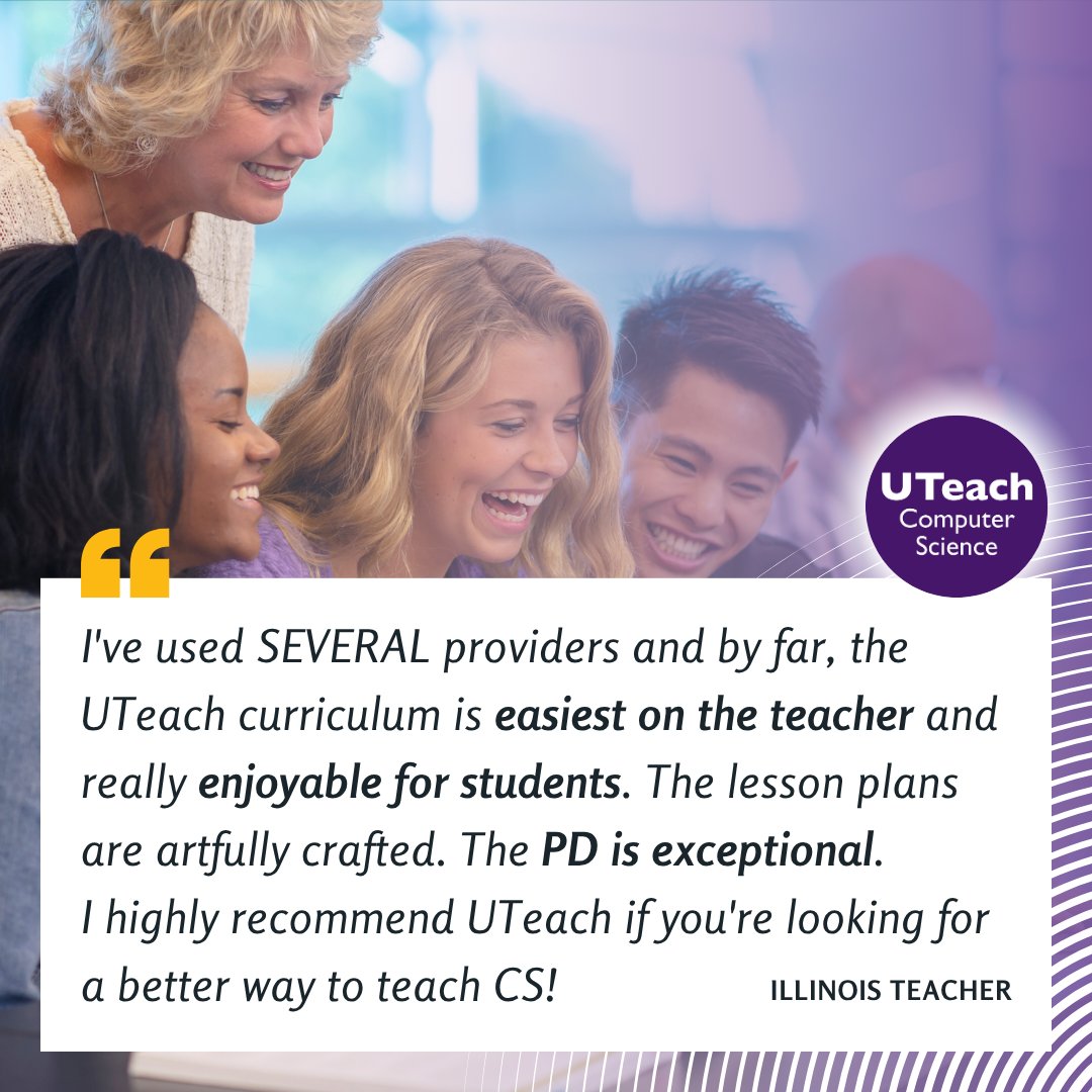 UTeachCS's tweet image. Want to see why teachers love our curriculum &amp;amp; support?

Stop by aisle 100 at #CSTA2025 to see our project-based curriculum for yourself!
#APCSP #APCSA #Cybersecurity

cs.uteach.utexas.edu/why