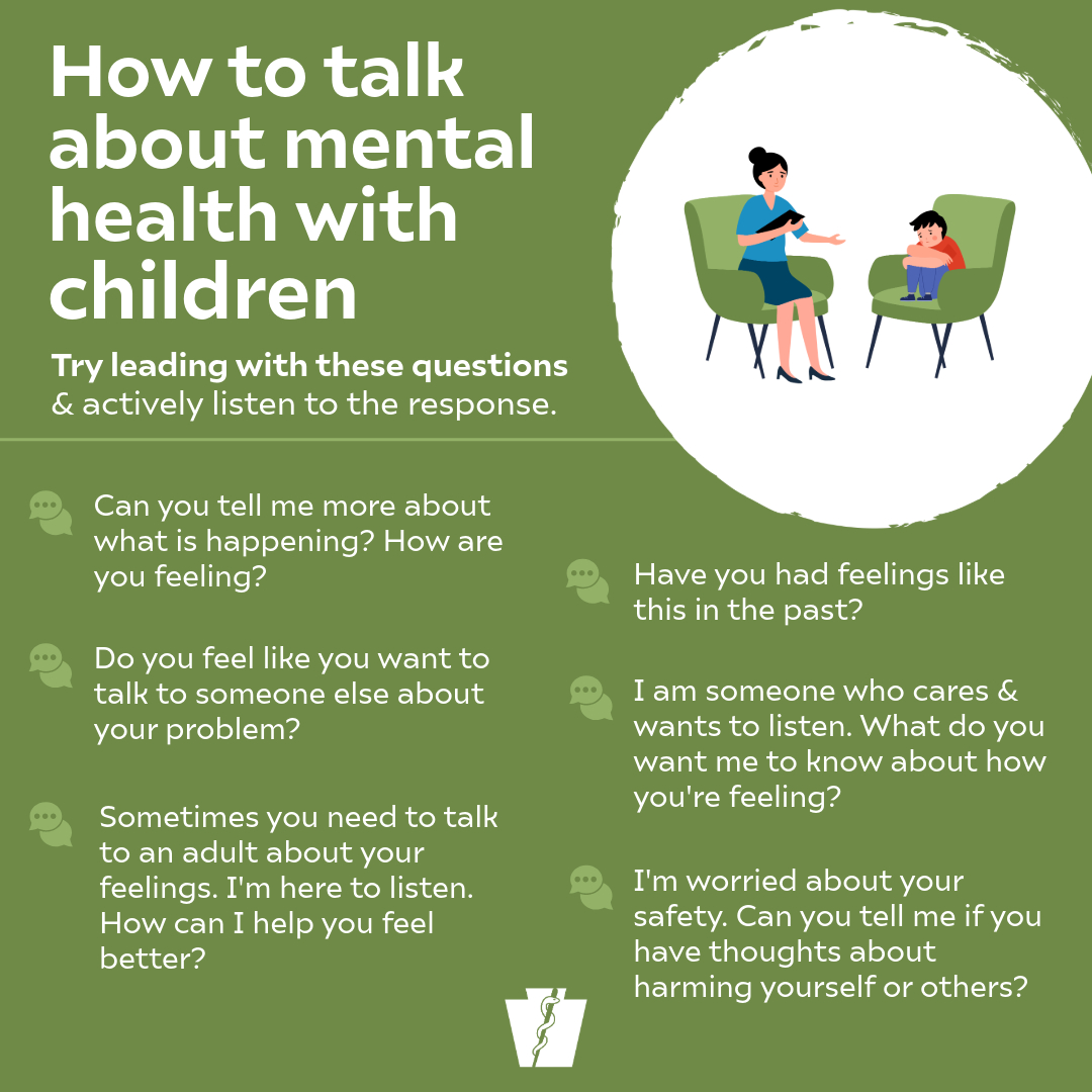 PAHealthDept's tweet image. Do you need help starting a conversation with your child about mental health? Try leading with these questions & actively listen to your child's response ❤️↓
