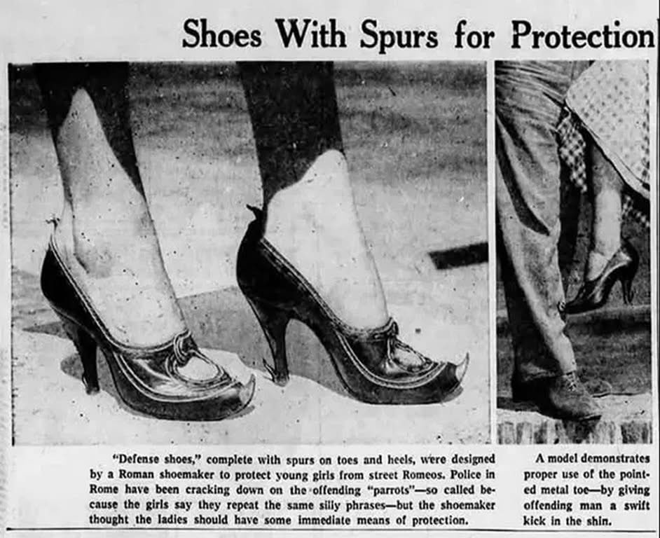 In 1955 Italy, a Roman shoemaker introduced a bold and unconventional solution to a pervasive social problem: “Defense Shoes.” These specially designed women’s shoes featured small, sharp spurs on both the toes and heels, meant to ward off aggressive men who made unwanted