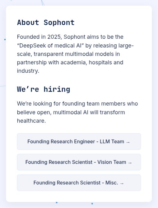 iScienceLuvr's tweet image. Announcement 📢
We're hiring at @SophontAI for a variety of positions!
We're looking for exceptional, high-agency ML research scientists/engineers who are passionate about using AI to build the future of healthcare.
Check our website for more details (link in 2nd tweet)