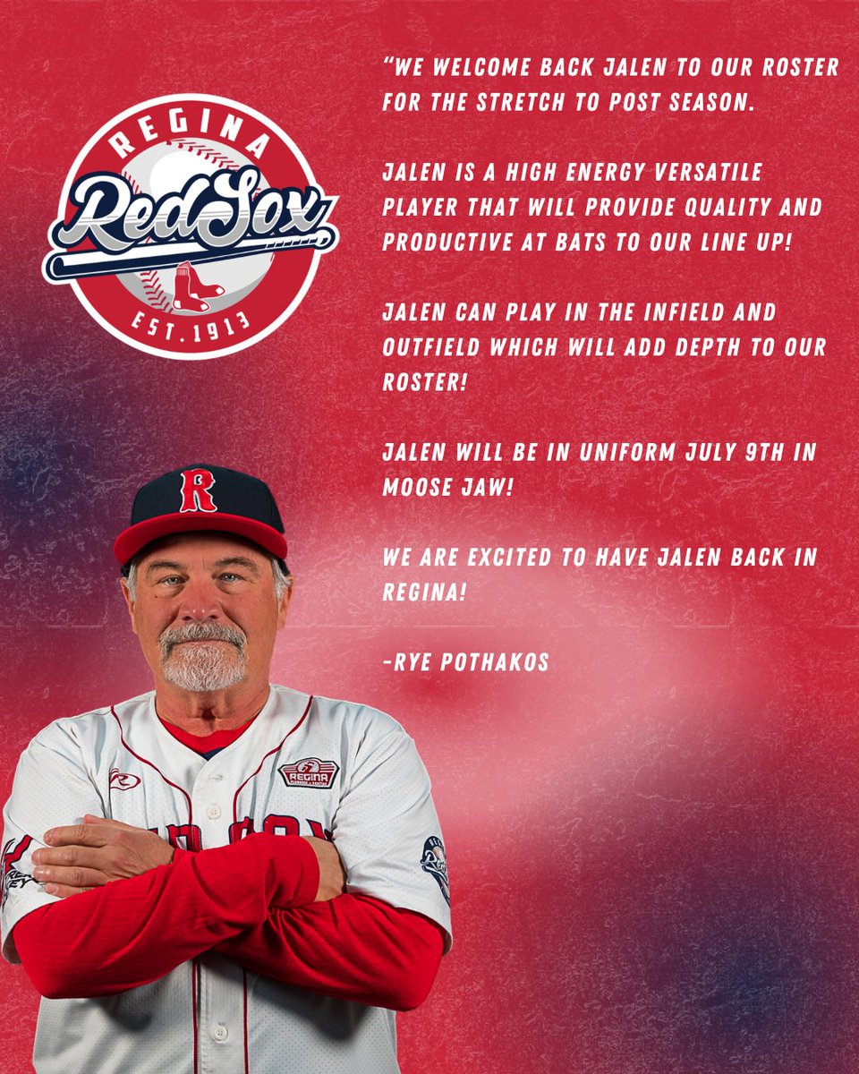 ReginaRedSox's tweet photo. HE’S BACK 👏🔥
Welcome back, Jalen Meyers, to the Red Sox!
A high-energy, versatile bat with serious game — Jalen adds depth, grit, and speed to the lineup as we push toward the postseason.
Let’s get it! 💪⚾️
#RedSoxBaseball #ReginaRedSox #WMBL #RunItBack #WelcomeBackJalen https://t.co/aHuGRnfCrq