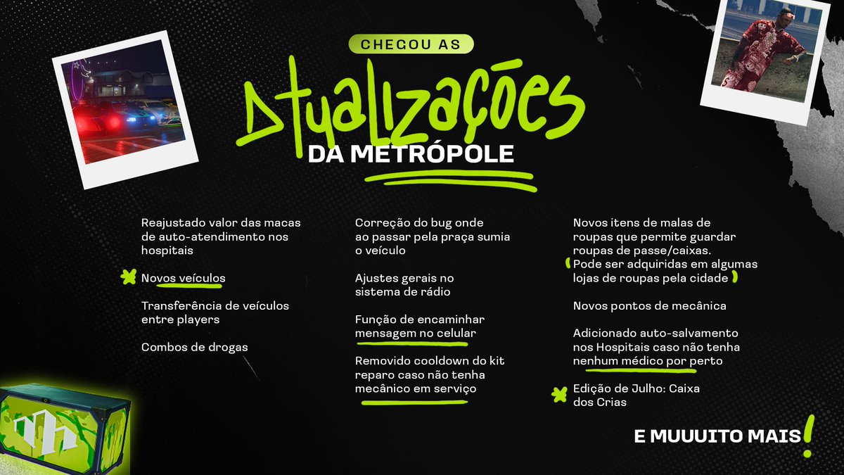 CHEGOU A NOVA ATUALIZAÇÃO DA METRÓPOLE! 

Já conferiu as novidades? 😏

Tem carro novo, mecânica melhorada, função nova no celular, bug corrigido, e a tão esperada Caixa dos Cria de Julho já tá no ar! 🔥

Dá um reply aqui contando o que você achou!