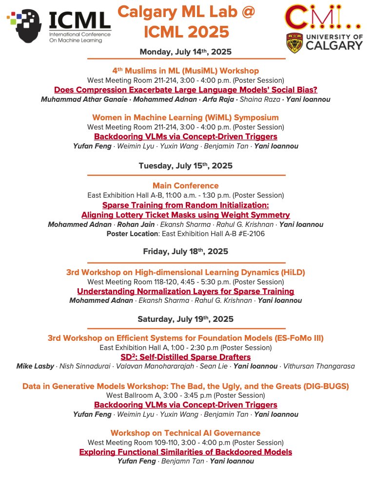 Yani Ioannou @ ICLR 2025 ✈️ (@yanii) on Twitter photo <a href="/UCalgaryML/">Calgary ML Lab</a> will be at #ICML2025 in Vancouver🇨🇦 next week: our lab has 6 different works being presented by 5 students across both the main conference & 6 workshops!
We are also recruiting fully-funded ML PhD/MSc students🧑🎓If attending, reach out to me on Whova app to meet 📅 <a href="/UCalgaryML/">Calgary ML Lab</a> will be at #ICML2025 in Vancouver🇨🇦 next week: our lab has 6 different works being presented by 5 students across both the main conference & 6 workshops!
We are also recruiting fully-funded ML PhD/MSc students🧑🎓If attending, reach out to me on Whova app to meet 📅
