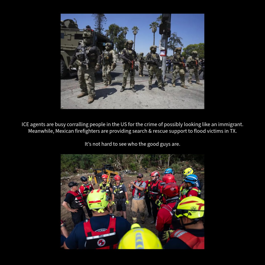 mishacollins's tweet image. ICE agents are busy corralling people in the US for the crime of looking possibly like immigrants. Meanwhile, Mexican firefighters are providing search &amp;amp; rescue support to flood victims in Texas, claiming “there are no borders” when it comes to helping. 
 
It’s not hard to see…
