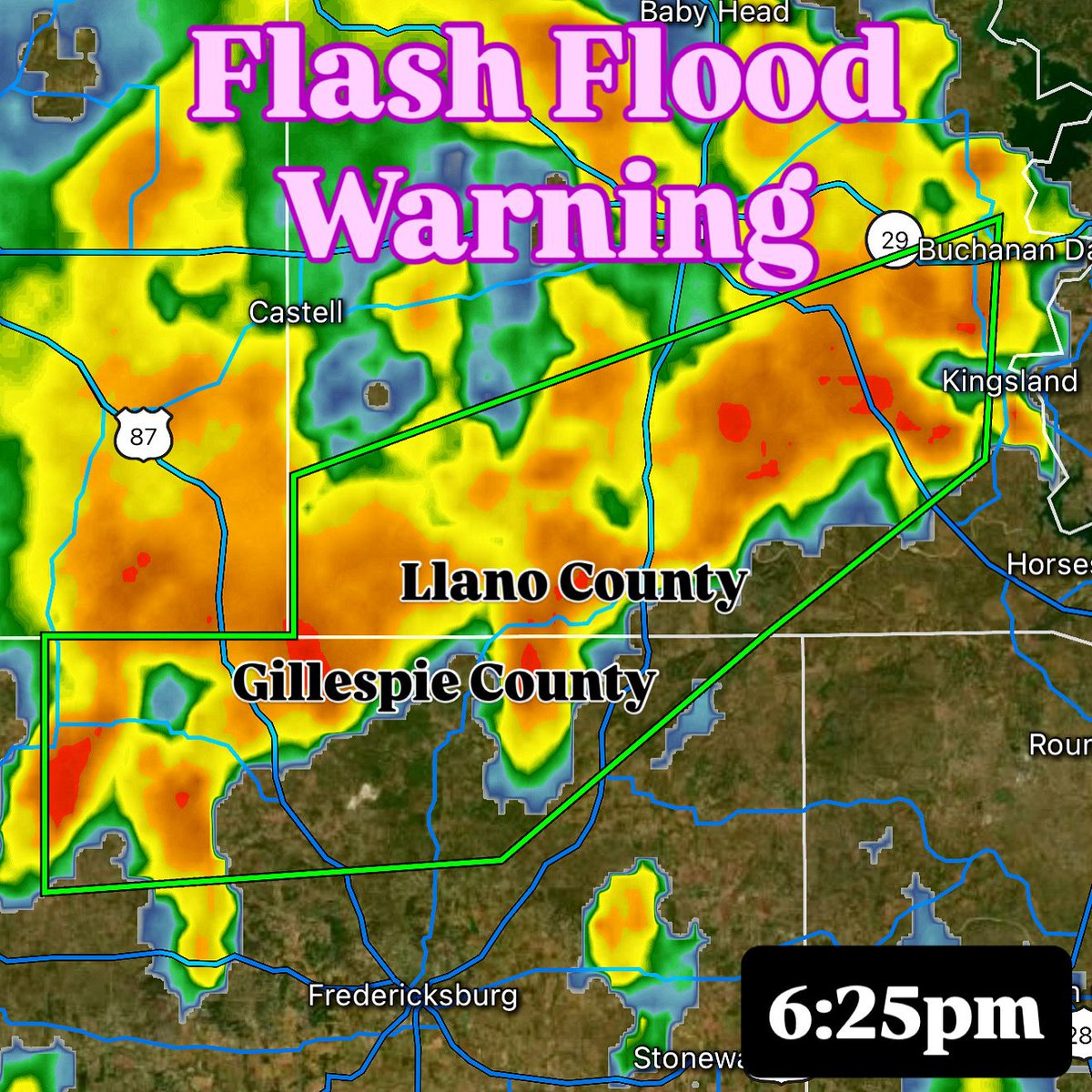 ⚠️ NEW FLASH FLOOD WARNING IN HILL COUNTRY: Includes parts of Llano and Gillespie Counties until 10 PM! 

At 621 PM CDT, Doppler radar indicated thunderstorms producing heavy rain across the warned area. Between 1 and 3 inches of rain have fallen. The expected rainfall rate is 1
