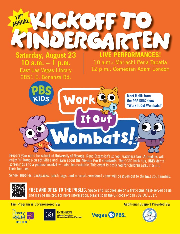 CommishMcCurdy's tweet image. 🎒📚 Get ready for kindergarten!
Join UNR Extension for the 10th Annual Kickoff to Kindergarten on Saturday, Aug. 23 from 10AM–1PM at East Las Vegas Library!
🎁 Free school supplies & backpacks
🦷 Health screenings & more!
📍2851 E. Bonanza Rd.
Free & open to the public!