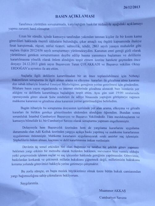 HATIRLAYALIM
Türkiye Cumhuriyeti Devleti'nin ölüm ilanı niteliğinde 25 Aralık Soruşturması savcısı Muammer Akkaş'ın dağıttığı basın açıklaması. (26ARA13)👇