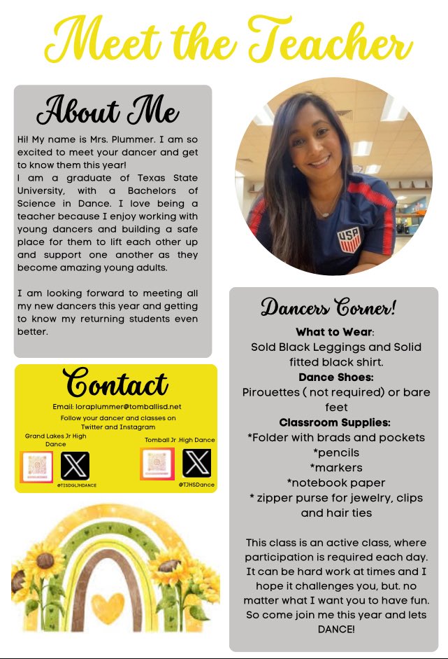 Enjoying July before school starts, but can’t wait to meet all my dancers! Check out our socials 
<a href="/TISDTJHS/">Tomball Junior High</a> <a href="/TISDGLJHS/">Grand Lakes Junior High</a> <a href="/FineArtsTomball/">Tomball ISD Fine Arts</a>