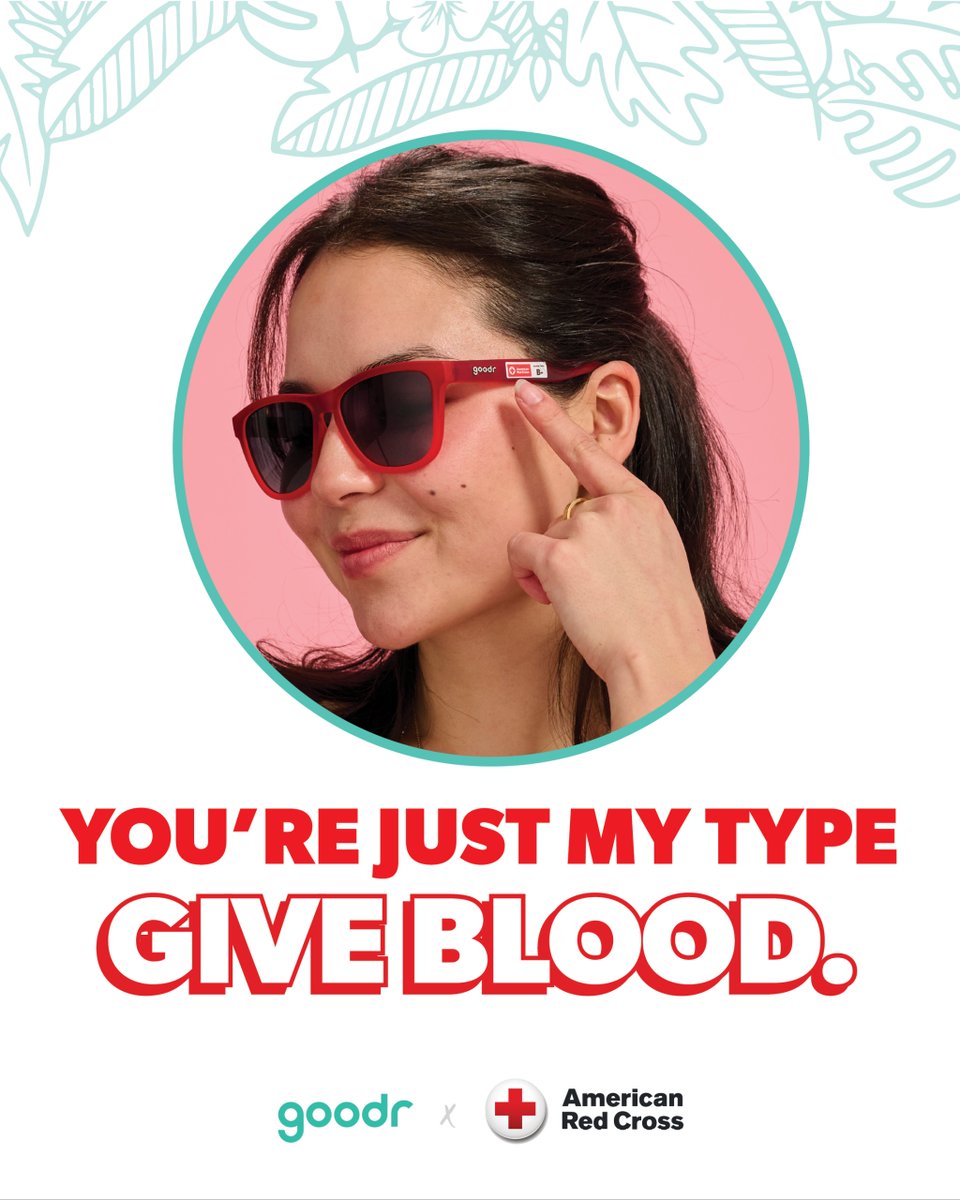 Not to throw shade, but only 3 out of 100 people donate each year. Be the giving type! Come to give blood, platelets or plasma before 7/14 and get an exclusive pair of Red Cross x goodr "Just My Type" sunglasses, while they last. Help save lives: rcblood.org/40dHHw4