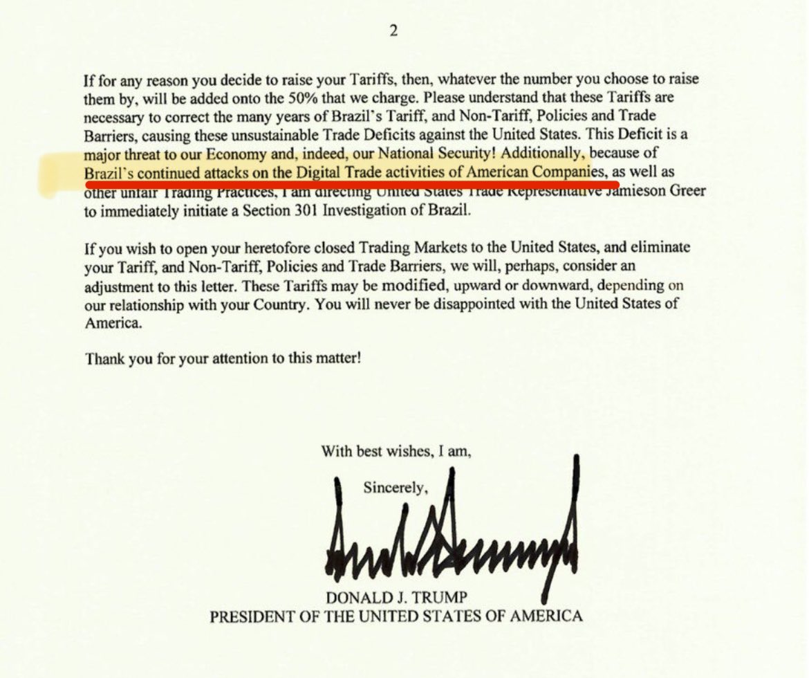 INCREDIBLE! Trump just put 50% tariffs on the digital censor-state of Lula’s Brazil, specifically citing its censorship orders and insane fines against US social media companies for allowing free speech. This is Free Speech Diplomacy and defense of digital trade in one. Bravo 🙌