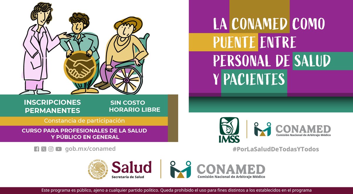 CONAMED_SALUD's tweet image. #CursosCONAMED
¿Te gustaría conocer los derechos y obligaciones que tienes como paciente durante la atención médica? Este #CursoEnLínea te interesa ➡️ “La #CONAMED como puente entre personal de salud y pacientes” 👩‍💼👨‍💼

🌐 Inscríbete 👉 bit.ly/4cNEzLi 📢
#PúblicoEnGeneral