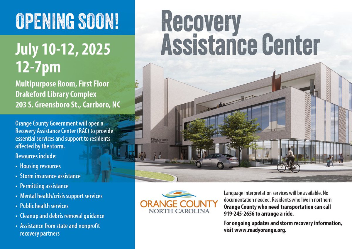 Orange County will open a Recovery Assistance Center to provide services and support to residents affected by Chantal. From July 10-12, the center will operate at the Drakeford  Library Complex located at 203 S. Greensboro St., Carrboro, from 12-7 p.m.

orangecountync.gov/CivicAlerts.as…