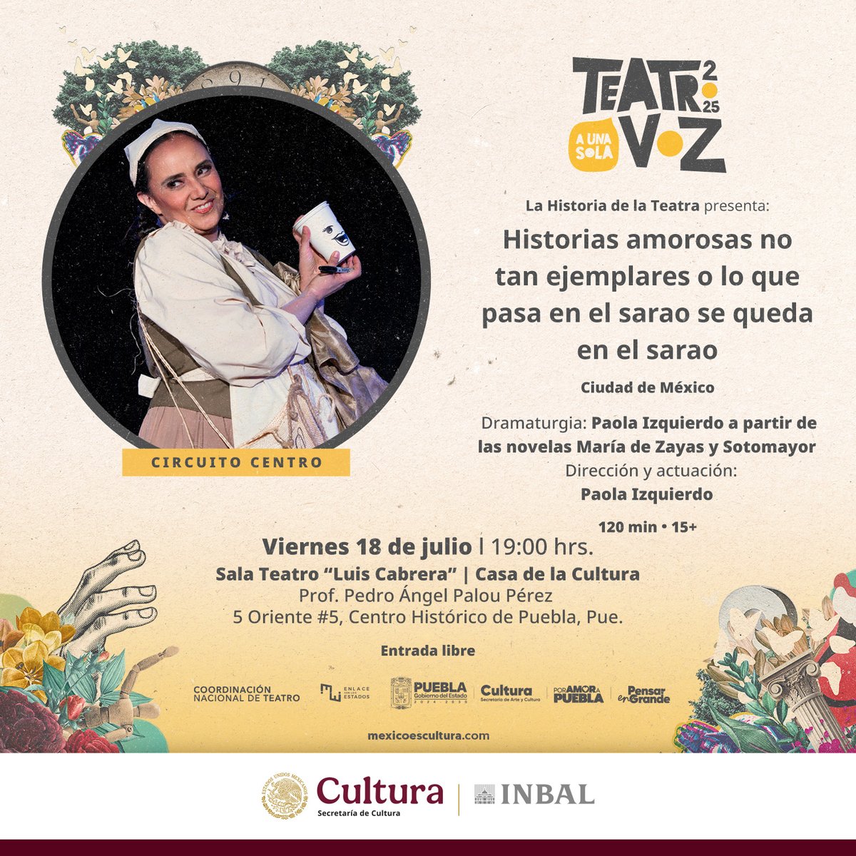 #PorAmorAPuebla 💕 disfruta de  <a href="/teatroa1solavoz/">Teatro a Una Sola Voz</a> 🎭 este 🗓️ 18 de julio en "Historias amorosas no tan ejemplares o lo que pasa en el Sarao, se queda en el Sarao"; historia donde Cristina narra historias de amor y terror mientras limpia un festín de tres días.

#TeatroA1SolaVoz 🫶