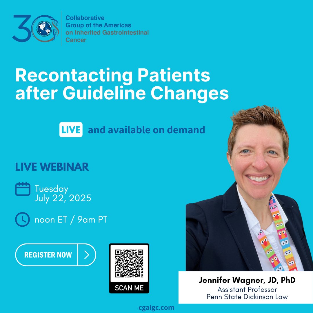 CGAIGC's tweet image. 📢Join us for a timely and essential conversation: "Recontacting #Patients After Guideline Changes."
🗓️July 22
⏲️noon ET / 9am PT
✅️cgaigc.com/webinars
➡️As clinical guidelines, especially in hereditary cancer care, evolve with new evidence, what are the legal and ethical…