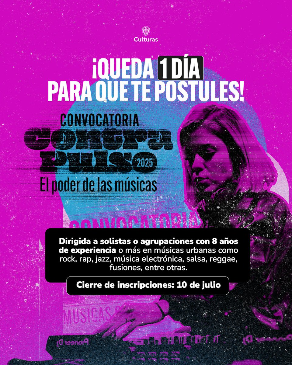 mincultura's tweet photo. ¡Participa en la convocatoria #ContraPulso: el poder de las músicas!
Destinaremos $2.000 millones para apoyar a solistas y agrupaciones con 7 años de experiencia en músicas como el rock, jazz, rap, reggae, música electrónica y fusiones.
Los proyectos que se postulen deben estar activos y vigentes, con evidencia de actividad artística permanente durante los últimos tres años.
Consulta aquí los requisitos 👉https://t.co/wxZoqVfVyD