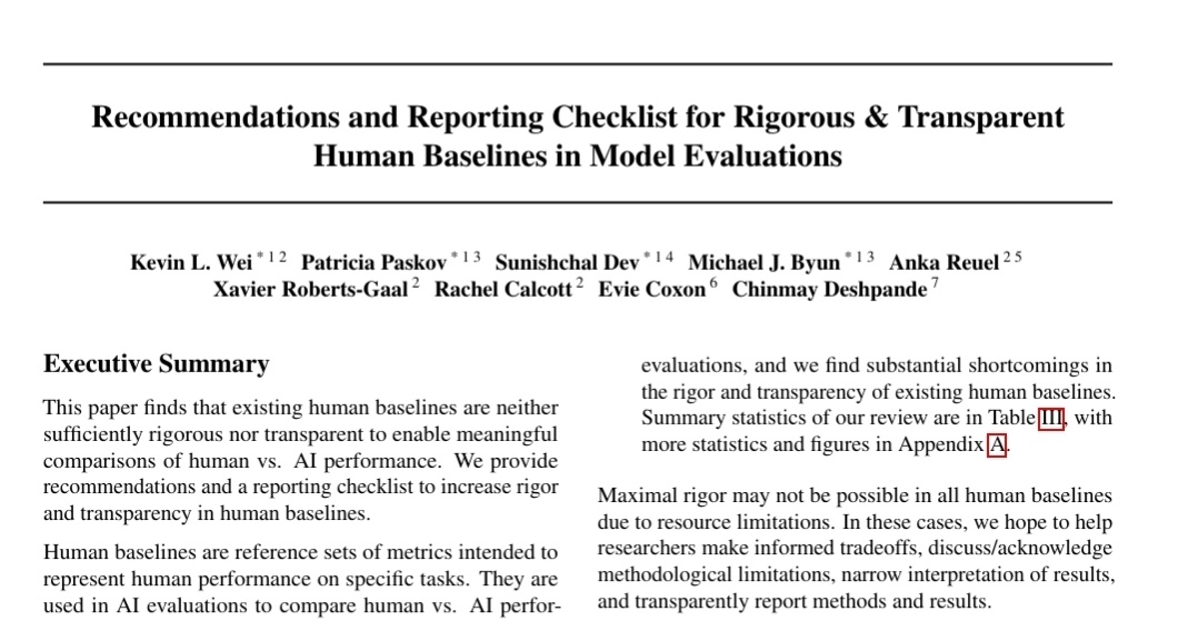 🚨 New paper alert! 🚨

Are human baselines rigorous enough to support claims about "superhuman" performance?

Spoiler alert: often not!

<a href="/prpaskov/">Patricia Paskov</a> and I will be presenting our spotlight paper at ICML next week on the state of human baselines + how to improve them!