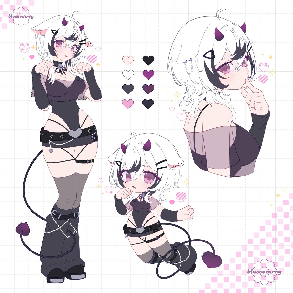 ฅ≽(•⩊ •マ≼ Finally my ref sheet is ready!! 
Meet oni-neko vtuba jowoti ₍^ &gt;ヮ&lt;^₎ .ᐟ.ᐟ

♡ Art tag: #jowotillust oshi mark: 🤍🐈‍⬛⛓️

｡ ₊°༺❤︎༻°₊ ｡

♡ Ref sheet by: @/blossomrry on VGen 
♡ Design by: @/kaospinku + me!