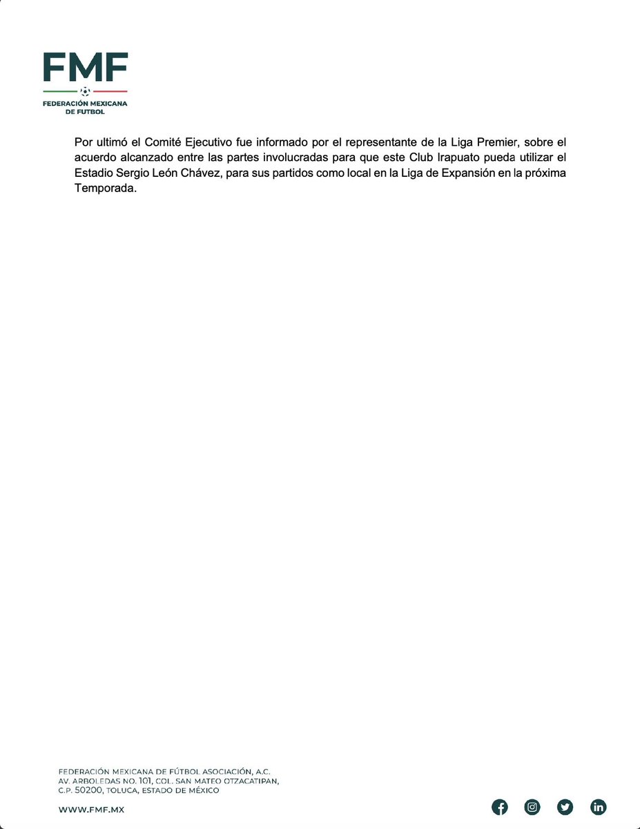 Federación Mexicana de Futbol (@fmf) on Twitter photo La Federación Mexicana de Futbol informa sobre los Acuerdos del Comité Ejecutivo y la Asamblea General de la FMF sobre la <a href="/LigaMXExpansion/">Liga BBVA Expansión MX</a>. 👇 La Federación Mexicana de Futbol informa sobre los Acuerdos del Comité Ejecutivo y la Asamblea General de la FMF sobre la <a href="/LigaMXExpansion/">Liga BBVA Expansión MX</a>. 👇