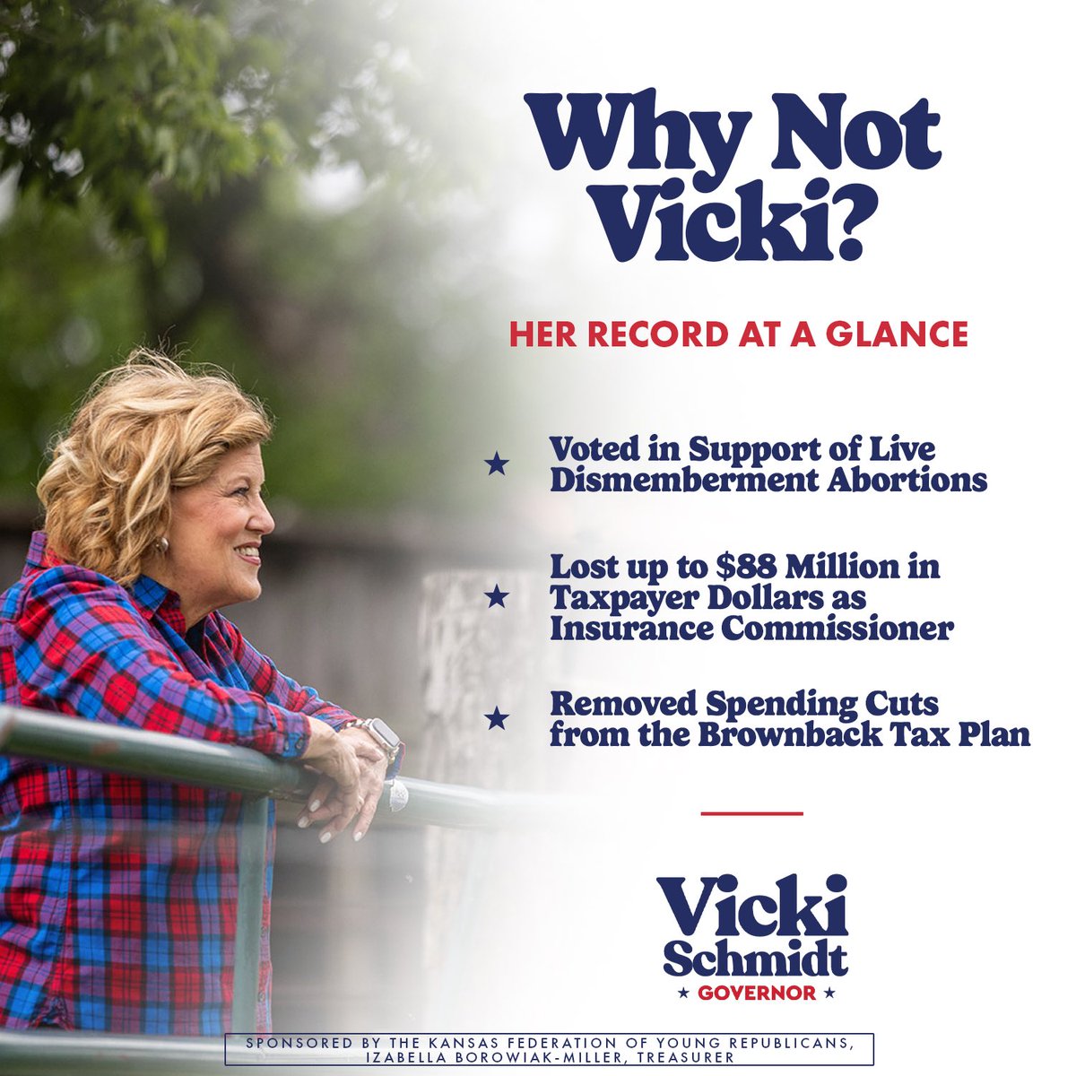 KansasYRs's tweet image. Why not Vicki? Her record speaks for itself. Despite being over a year out, it’s never too early to say who we won’t support for Governor. #ksleg