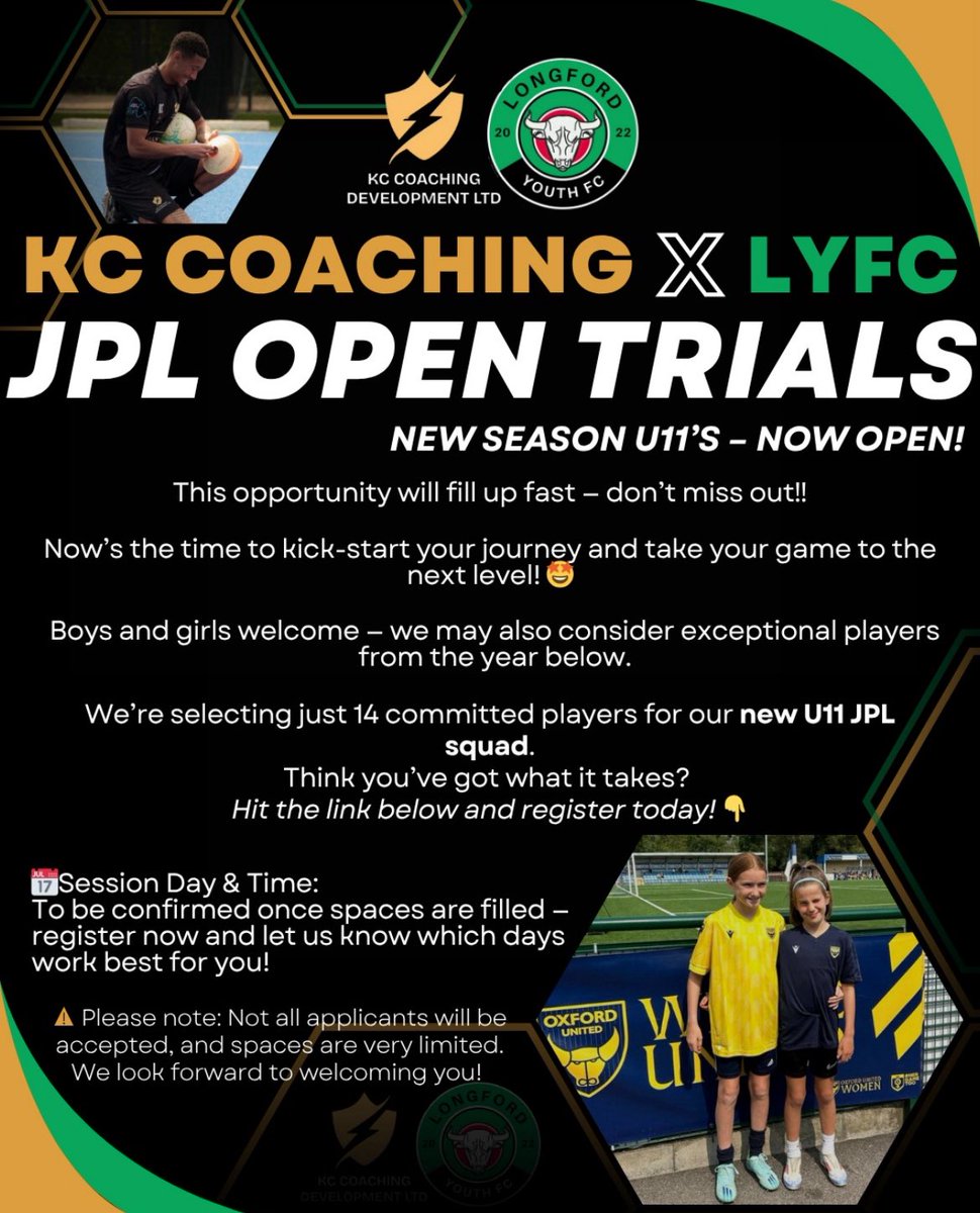 TRIALS CLOSE 13TH JULY ⚽️

🚨 JPL OPEN TRIALS – U11s | KC COACHING x LYFC
Limited spaces left 

✅ Boys &amp; girls welcome
✅ SEPTEMBER YEAR 5 &amp; 6
✅ Only 14 spots available!

📍Register now:
👉 forms.gle/Youhu2EqoXx4Z7…

Don’t miss your chance!
