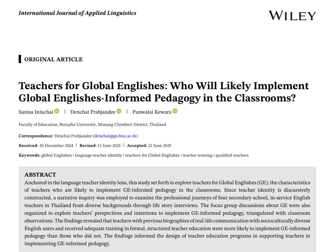 Our paper is now published in International Journal of Applied Linguistics. We theorized “GE-informed pedagogy” and explored teachers who are likely to implement it in the classrooms using language teacher identity lens. We referred to them as “teachers for Global Englishes.”