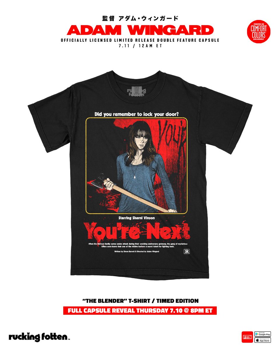 Ruckingfotten's tweet image. Introducing the timed edition releases from our officially licensed Adam Wingard Double Feature capsule (#yournext & #theguest) releasing FRIDAY 7.11 @ 12AM ET / Early access available @ 11:30PM ET exclusively on the FTTN App.
Full capsule reveal TOMORROW 7.10 @ 8PM ET #horror