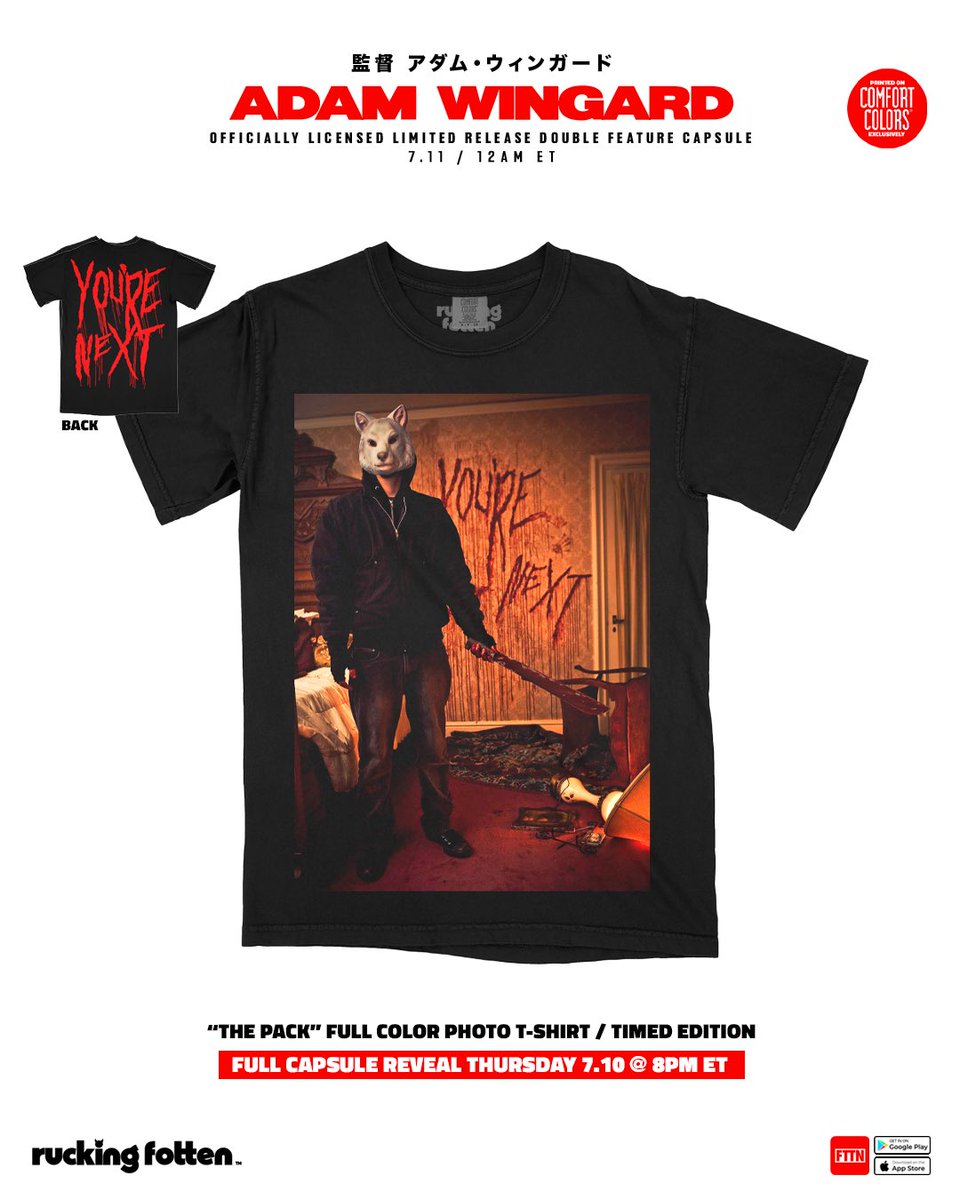 Ruckingfotten's tweet image. Introducing the timed edition releases from our officially licensed Adam Wingard Double Feature capsule (#yournext & #theguest) releasing FRIDAY 7.11 @ 12AM ET / Early access available @ 11:30PM ET exclusively on the FTTN App.
Full capsule reveal TOMORROW 7.10 @ 8PM ET #horror